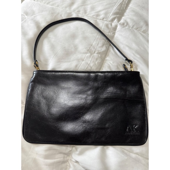 Anne Klein Handbags - Anne Klein Black Leather Baguette Clutch Bag Embossed Logo Red Interior Vintage